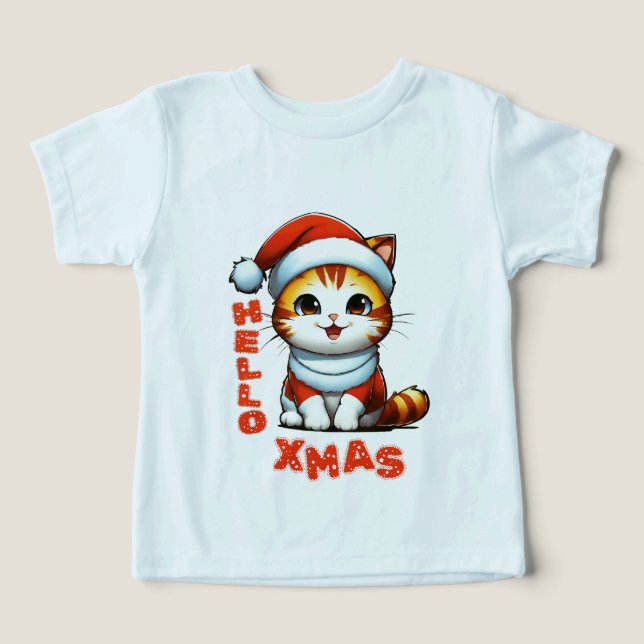 Camiseta Olá, Natal - Gato de Natal bonito numa fantasia de (Design frontal)