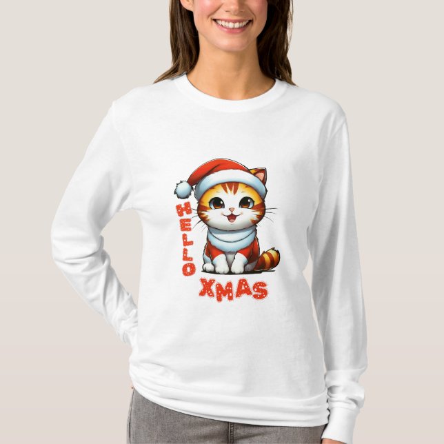 Camiseta Olá, Natal - Gato de Natal bonito numa fantasia de (Frente)