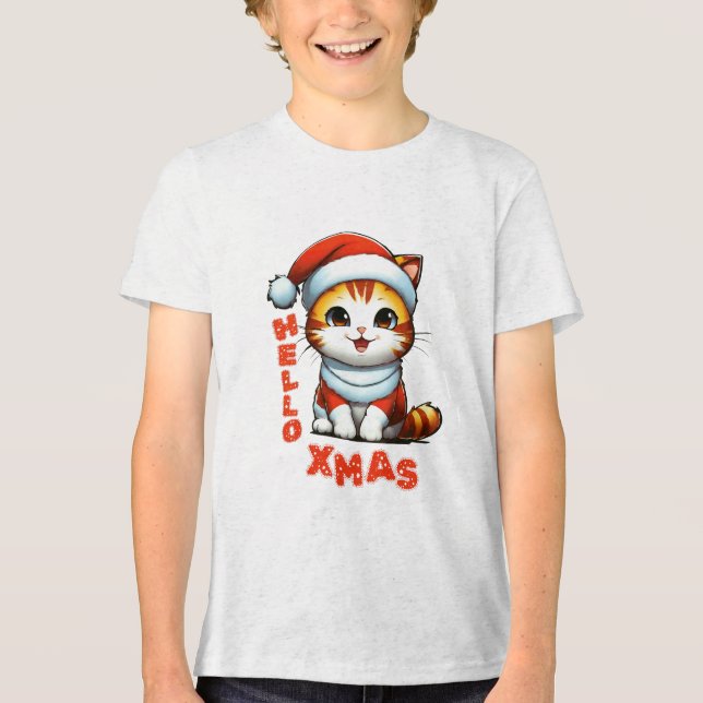 Camiseta Olá, Natal - Gato de Natal bonito numa fantasia de (Frente)