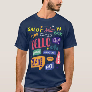 Camiseta Olá Palavra em Diferentes Línguas Viagem e Ensino