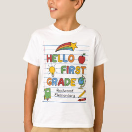Camiseta Olá Papel Escolar de Primeiro Ano Linhas e Rabisco