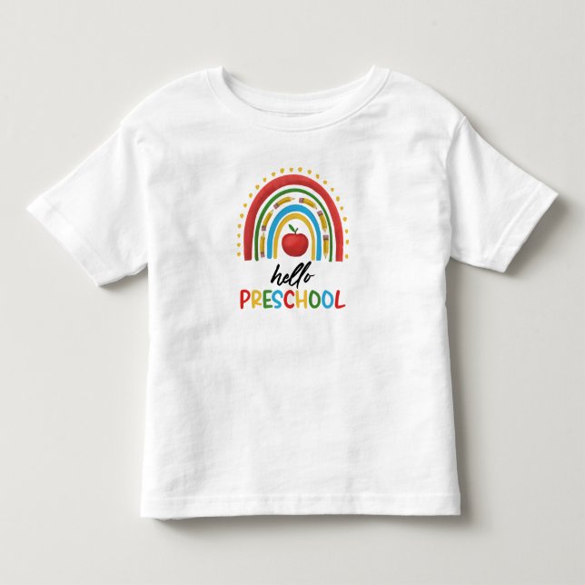 Camiseta Olá Pré-Escola Arco-Íris Volta à Escola (Frente)