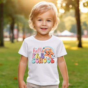 Camiseta Olá Pré-Escola Retro Primeiro Dia Arco-Íris e Estr