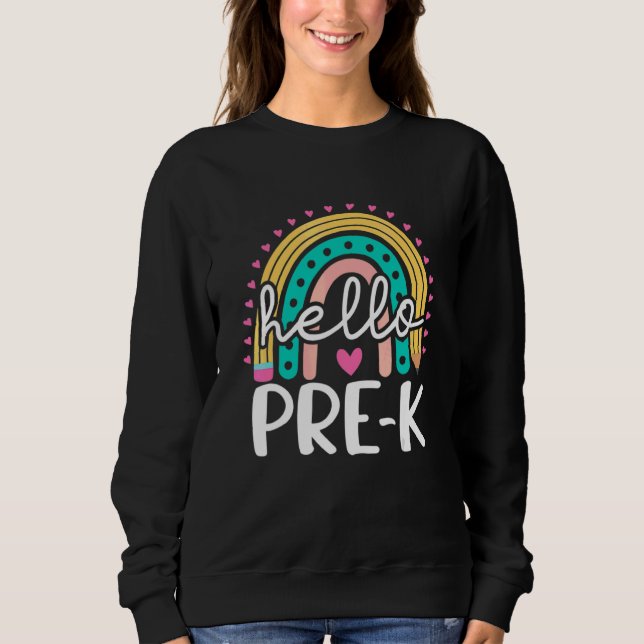 Camiseta Olá Pré-escolar Arco-íris Retro Professora Pré-esc (Frente)