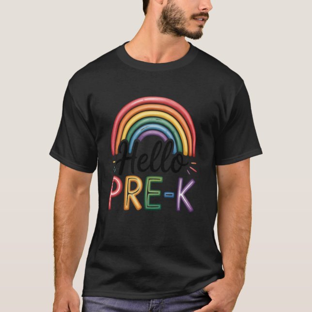 Camiseta Olá Pré-K Arco-íris Volta às Aulas Professor Aluno (Frente)