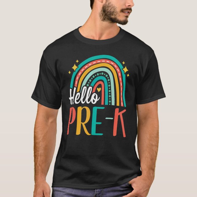 Camiseta Olá Pre K Rainbow para Professores Raparigas Estud (Frente)