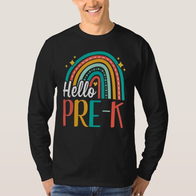 Camiseta Olá Pre K Rainbow para Professores Raparigas Estud (Frente)