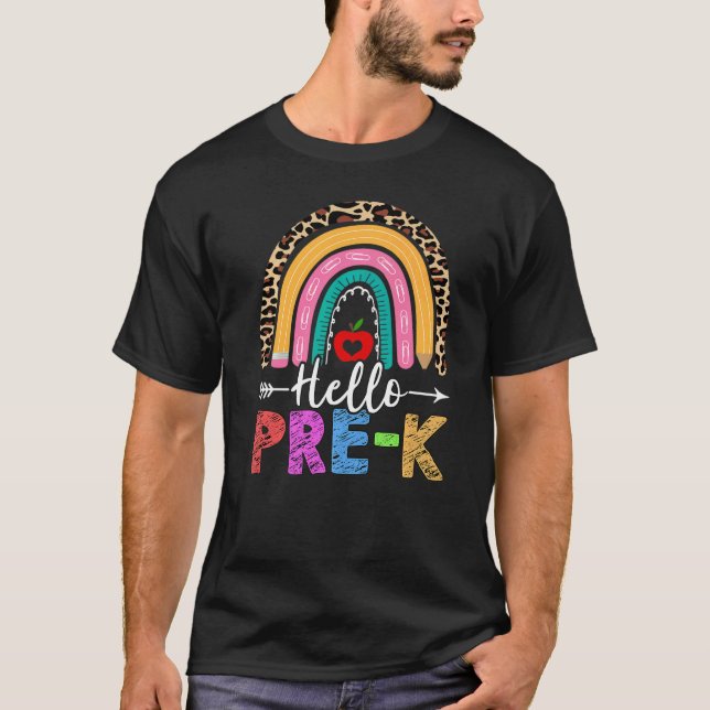 Camiseta Olá Professor Pré K Arco-Íris Leopardo De Volta À  (Frente)