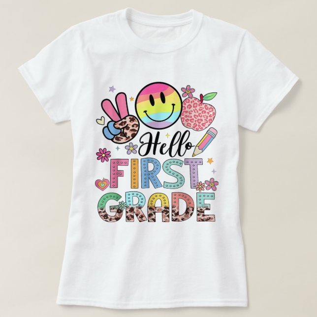 Camiseta Olá Professora do Primeiro Ano Laço de Lápis Coque (Frente do Design)