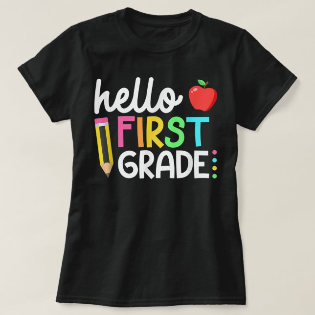 Camiseta Olá Professora do Primeiro Ano Laço de Lápis Coque (Frente do Design)