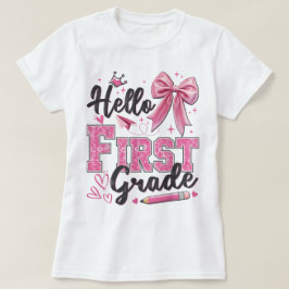 Camiseta Olá Professora do Primeiro Ano Laço de Lápis Coque