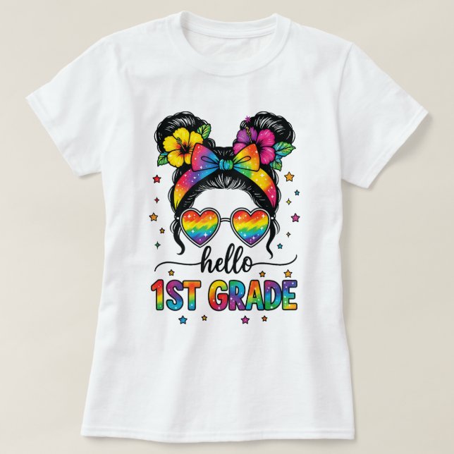 Camiseta Olá Professora do Primeiro Ano Laço de Lápis Coque (Frente do Design)
