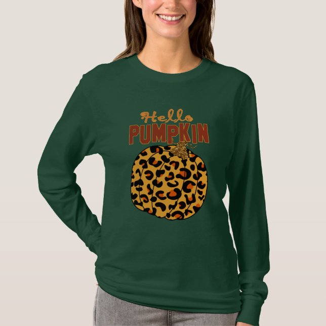 Camiseta Olá Pumpkin - Impressão Leopardo de Queda (Frente)