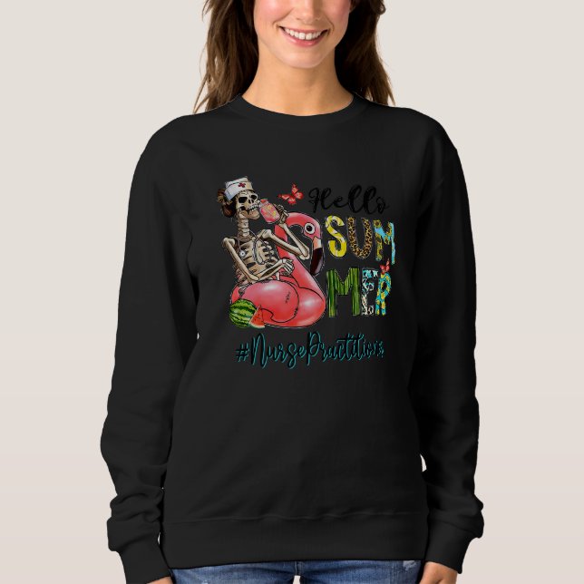 Camiseta Olá, Summer Skull Flamingo Float Nurse. (Frente)