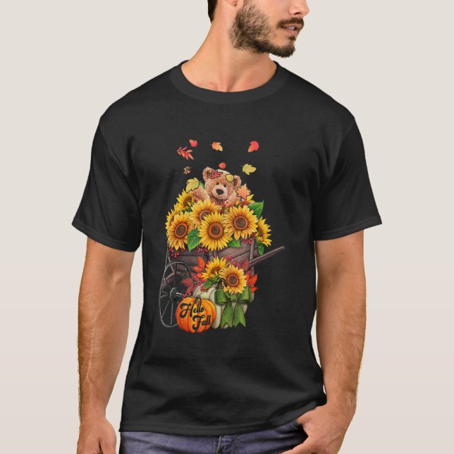 Camiseta Olá, Urso De Queda Em Girassóis, Folhas De Tosse (Frente)