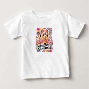 Camiseta Olá Verão Flamingo Fofo Férias na Praia Tropical
