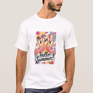 Camiseta Olá Verão Flamingo Fofo Férias na Praia Tropical