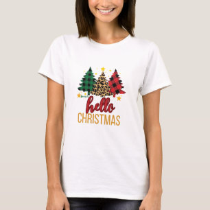 Camiseta Olá Xadrez de Natal, Leopard Trees, Nome Personali