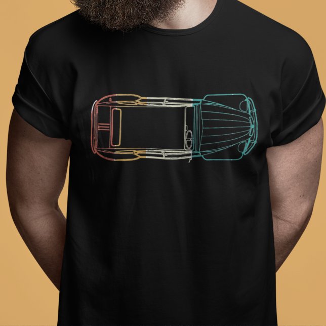 Camiseta Oldtimer 2cv Regenbogen Linienzeichnung (2CV Blueprint T-Shirt in Black with Red Yellow White and Green Colors)