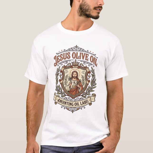 Camiseta Óleo de Oliveira Jesus Óleo de Unção Rótulo Jesus  (Frente)
