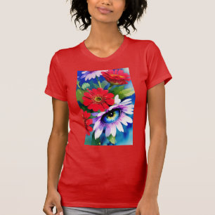 Camiseta Olho Azul Surrealista Flor Rosa & Zenias Vermelhas