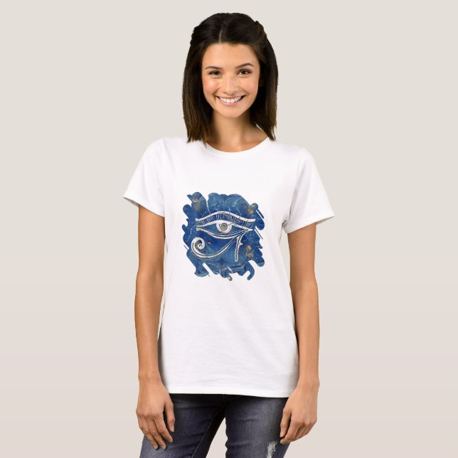 Camiseta Olho egípcio de prata de Horus no mármore azul (Frente Completa)