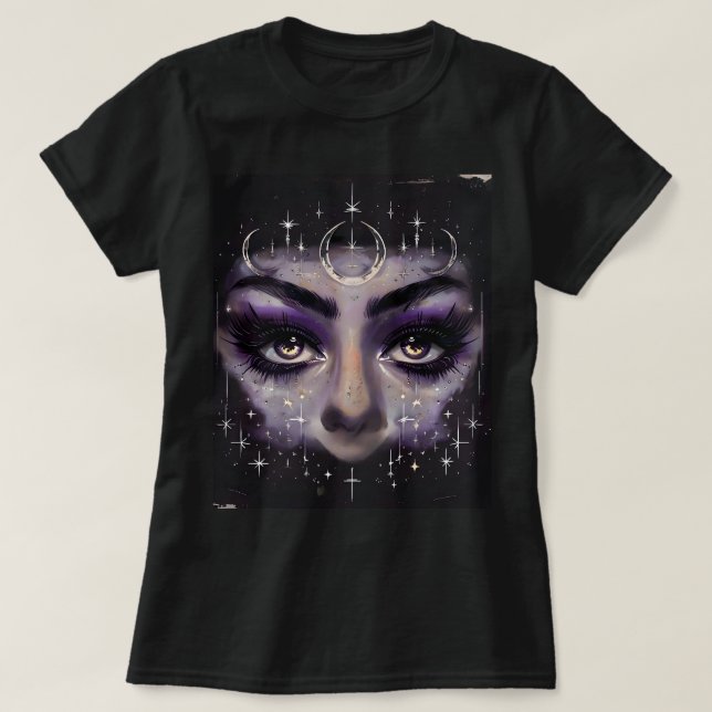 Camiseta Olhos Cósmicos Testemunhosos - Rosto Místico Roxo (Frente do Design)