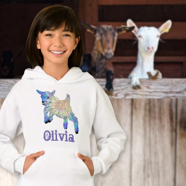 Camiseta Olivia Adicione Nome Fofo Fazenda De Capim De Bebê (Cute jumping baby goat colorful animal art custom name girls sweatshirt)