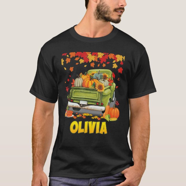 Camiseta Olivia Dia de Ação de Graças Abóbora Caminhão Agra (Frente)