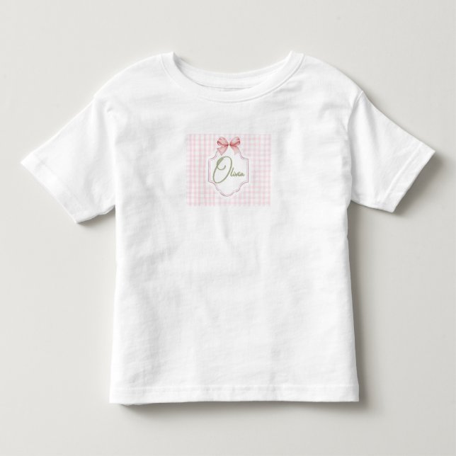 Camiseta Olivia Laço Rosa Personalizado & Estampa Xadrez (Frente)