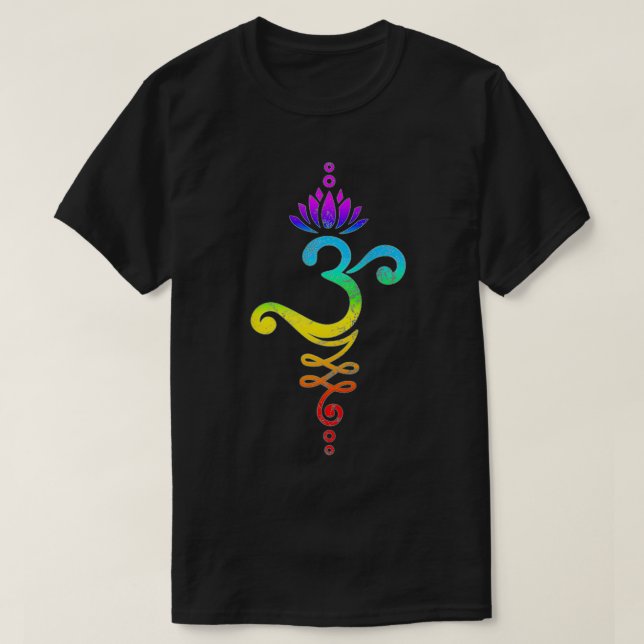 Camiseta Om Mantra, ioga, símbolo, flor de lótus, arco-íris (Frente do Design)