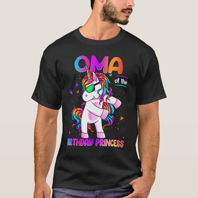 Camiseta Oma da Princesa de Aniversário Bandindo Unicórnio (Frente)