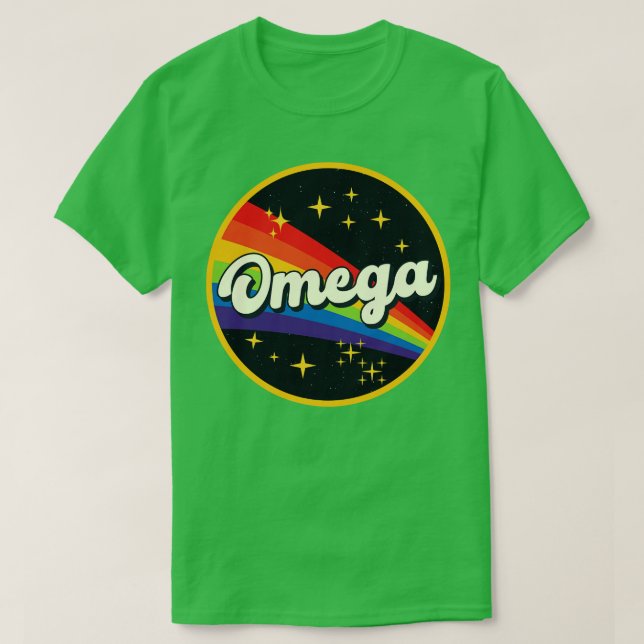 Camiseta Omega Rainbow No Estilo De Vintagem Espacial (Frente do Design)