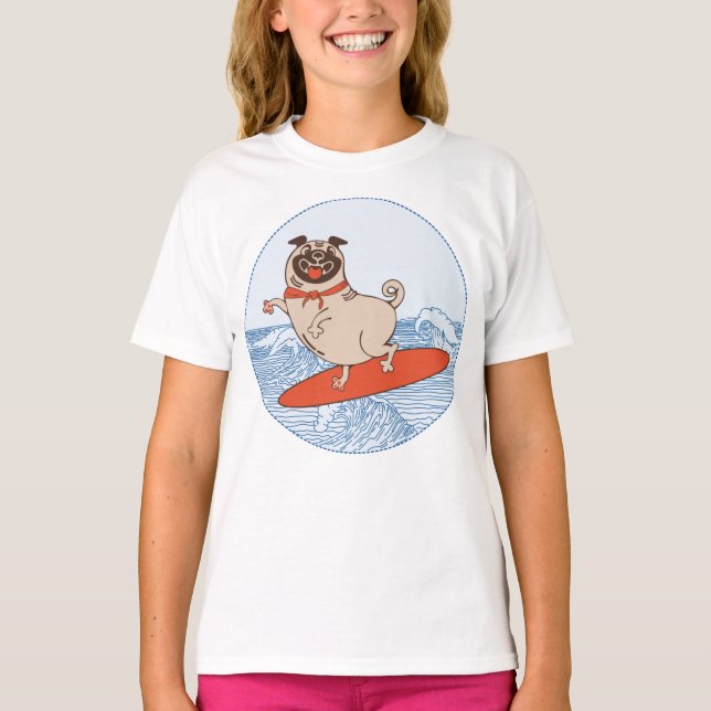Camiseta Onda cavalgando cachorro feliz no surfboard T-Shir (Frente)