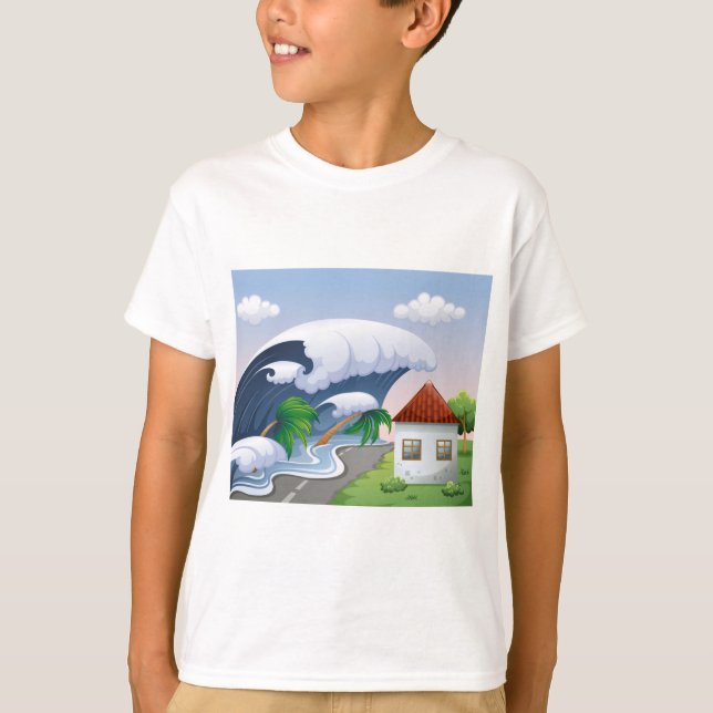 Camiseta Onda de Tsunami Atingindo Estrada Costeira Tempest (Frente)