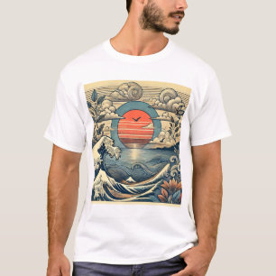 Camiseta Onda do Pôr do Sol Inspirada no Japão Gráfica Bran
