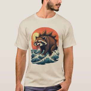 Camiseta Onda do Racoonzilla - Design de Arte Japonês Vinta