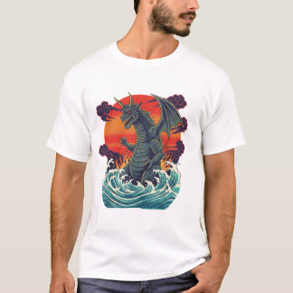 Camiseta Onda Grande do Pôr do Sol do Monstro Japonês Retrô