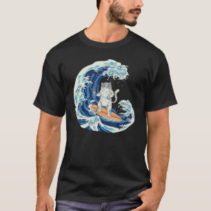 Camiseta Onda Japonesa Gato Surfando Comendo Sushi 1