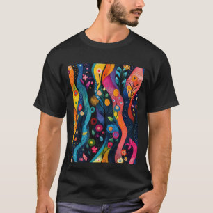 Camiseta Ondas Abstratas Coloridas Com Flores E Plantas. S