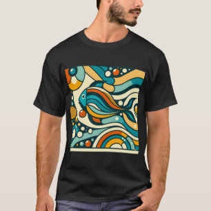 Camiseta Ondas Abstratas de Peixes Geométricos Retrô em Ver