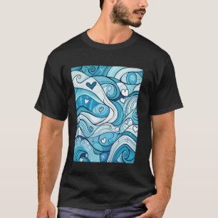 Camiseta Ondas Abstratas do Oceano com Arte de Corações