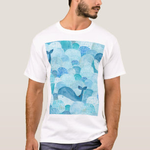 Camiseta Ondas, baleia, textura azul infantil