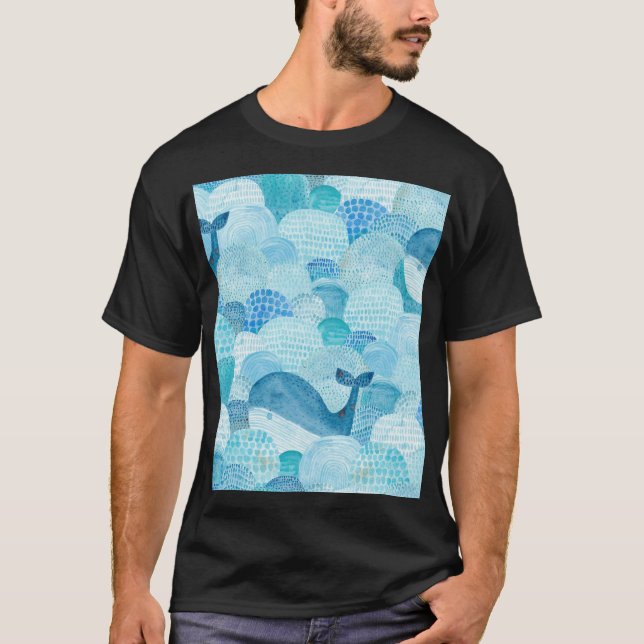 Camiseta Ondas, baleia, textura azul infantil (Frente)