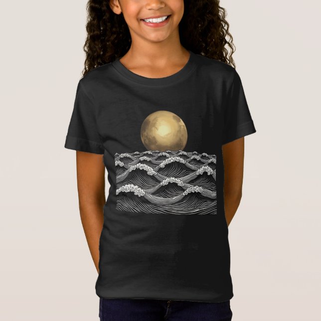 Camiseta Ondas Do Oceano Elegante Sob Lua (Frente)