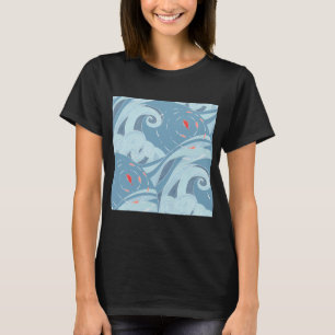 Camiseta Ondas do Oceano Japonês e Padrão de Peixe Vermelho
