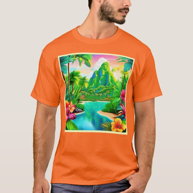 Camiseta Ondas Vibrantes Do Oceano E Árvores De Palma (Frente)