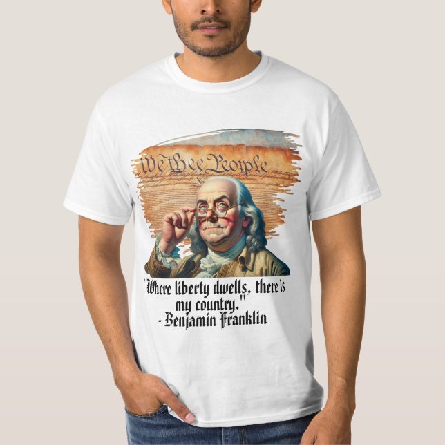 Camiseta "Onde a Liberdade Mora,..." Ben Franklin Masculino (Frente)