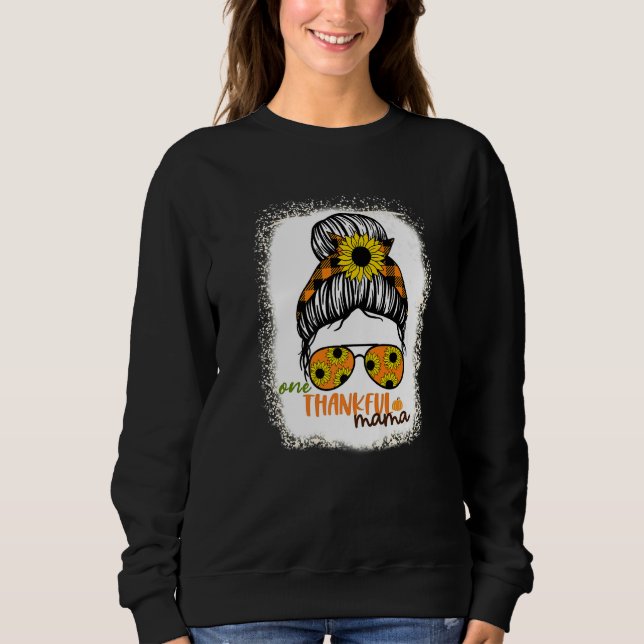 Camiseta One Thankful Mama  Bleached Messy Bun Fall Autumn (Frente)