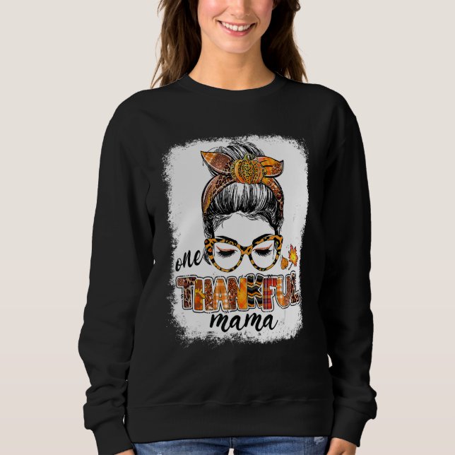 Camiseta One Thankful Mama Messy Bun Fall Leaves Autumn Tha (Frente)